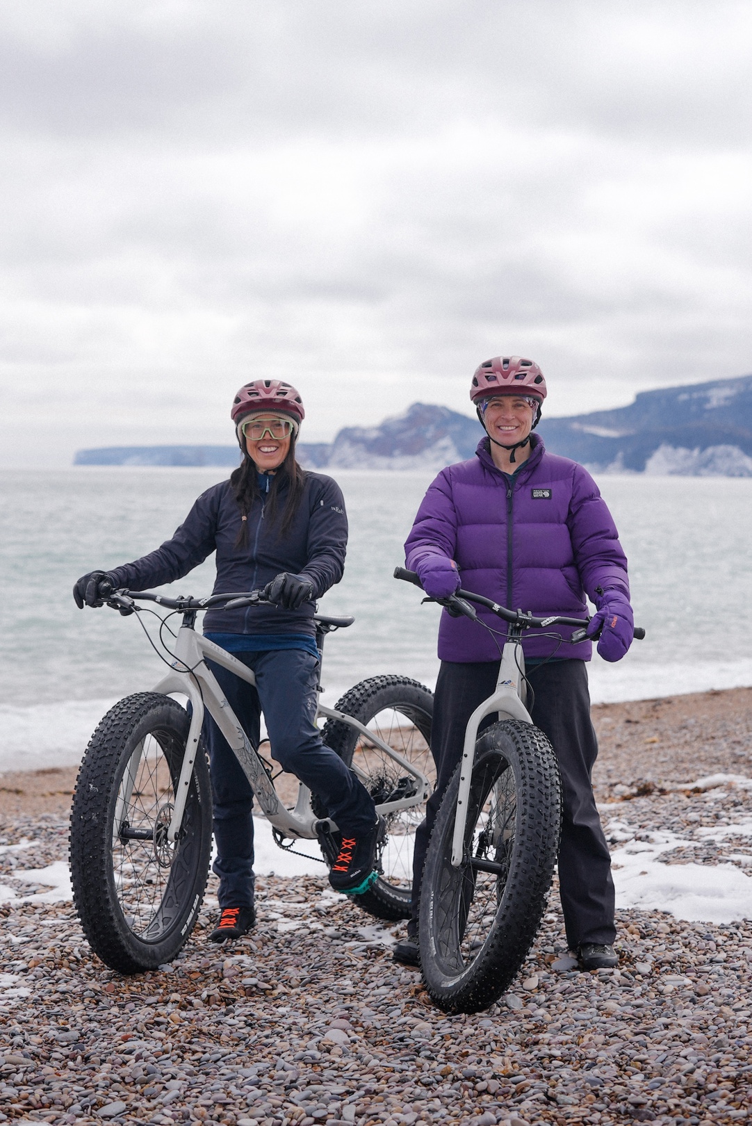 Christine Bérubé-Martin and Pascale Deschamps Fatbiking on the Beach at Coin-du-Banc